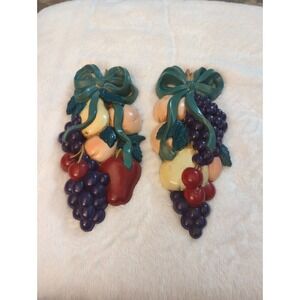 Vintage 1991 Burwood Products Fruit Wall Hanging Pair Wall Decor Kitsch, Ribbons